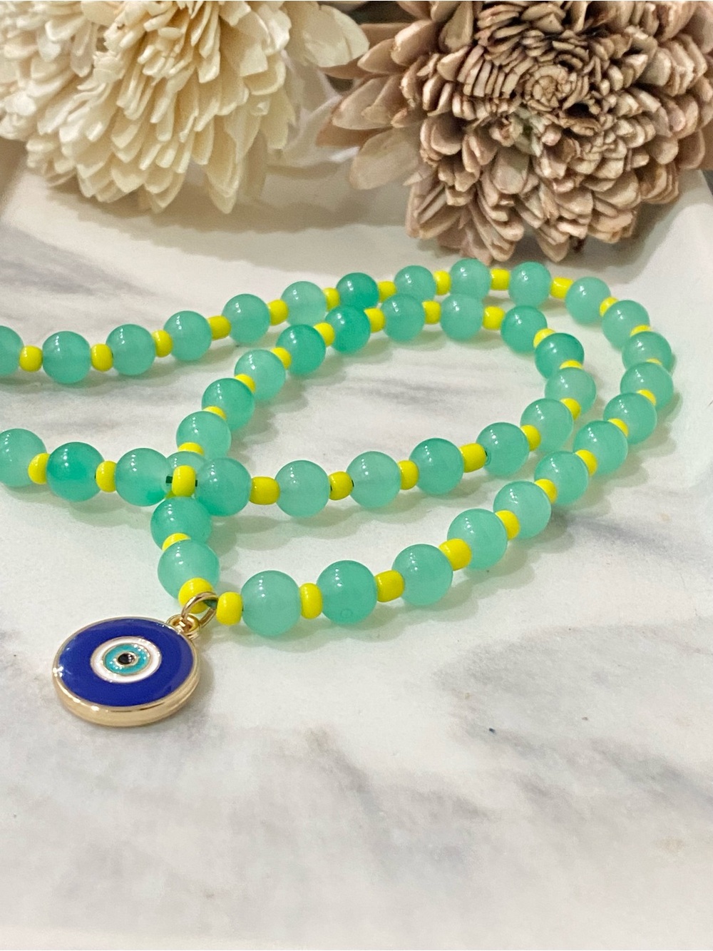 Colorful Bead Charm Necklace, with Evil Eye Pendant